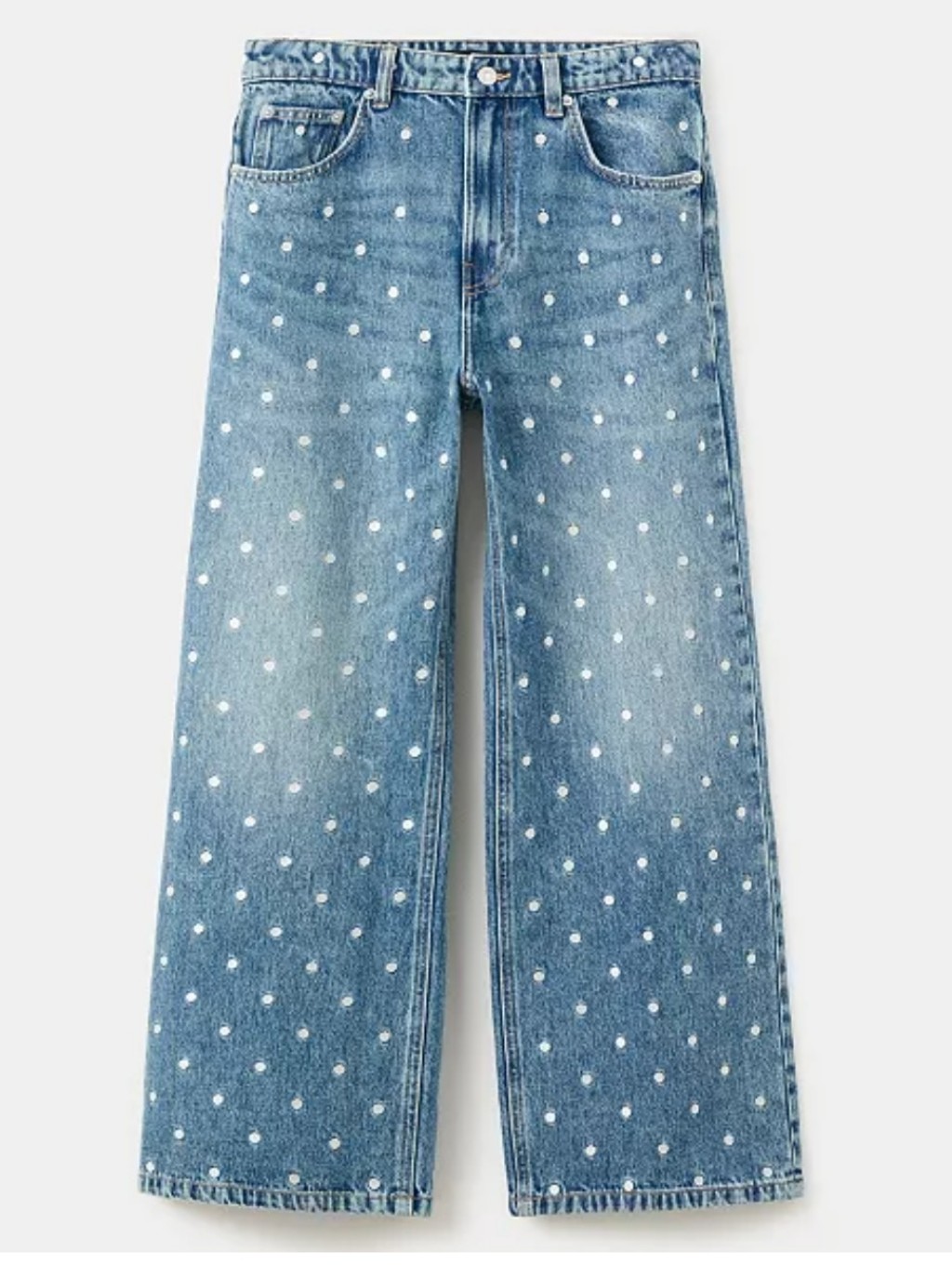 Mango Women's Polka-Dot Straight Wide-Leg Jeans - Light Blue Size 16